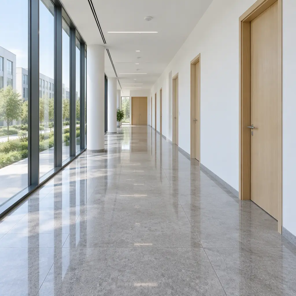Photorealistic architectural interior of an empty modern office corridor with a polished grey floor, no people, no text