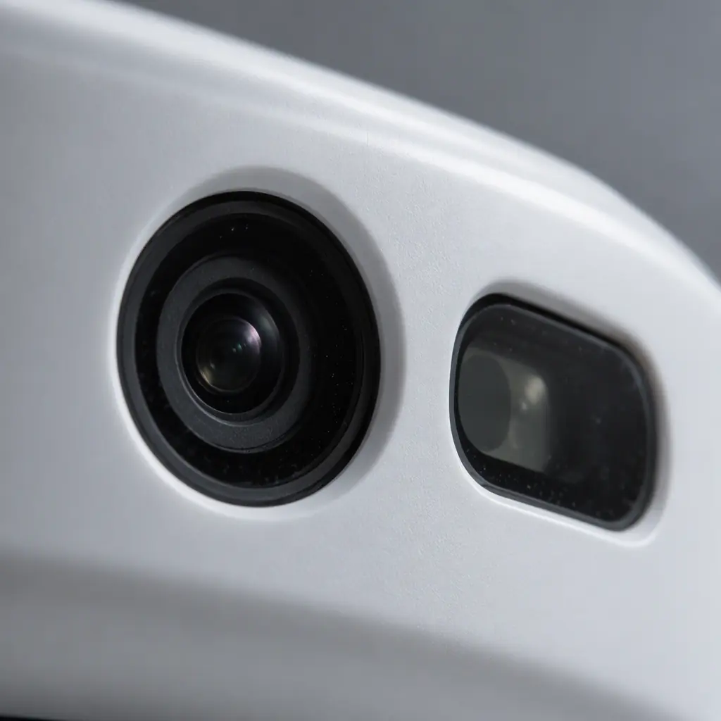 Photorealistic close-up of a small lens and depth sensor module mounted on a white curved robot chassis panel, no people faces, no text