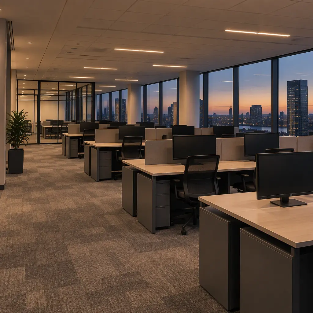 Photorealistic empty open-plan office floor at dusk with rows of blank desks and grey carpet, no people, no text