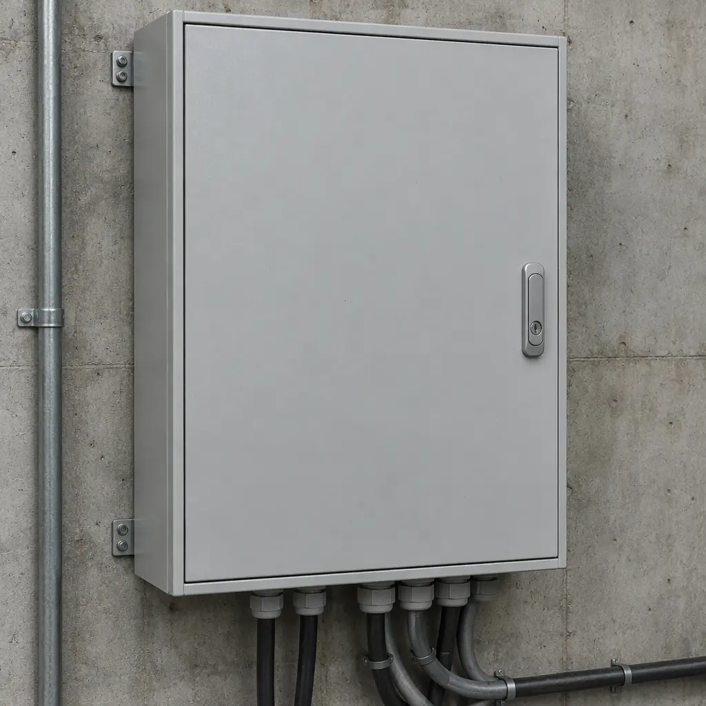Photorealistic detail of a plain white industrial control cabinet with blank panels and cable glands on a grey wall, no people, no text