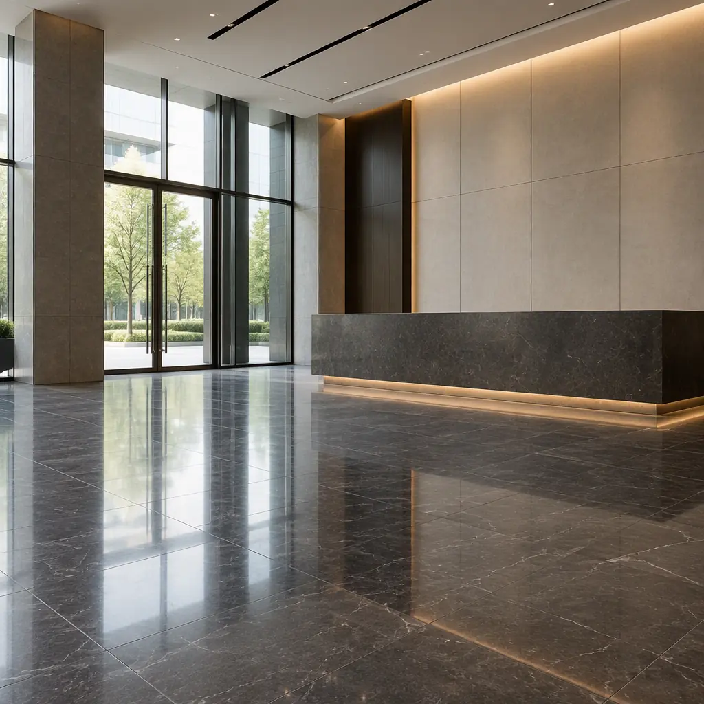Photorealistic empty modern building lobby with a polished stone floor and blank wall panels, soft daylight, no people, no text