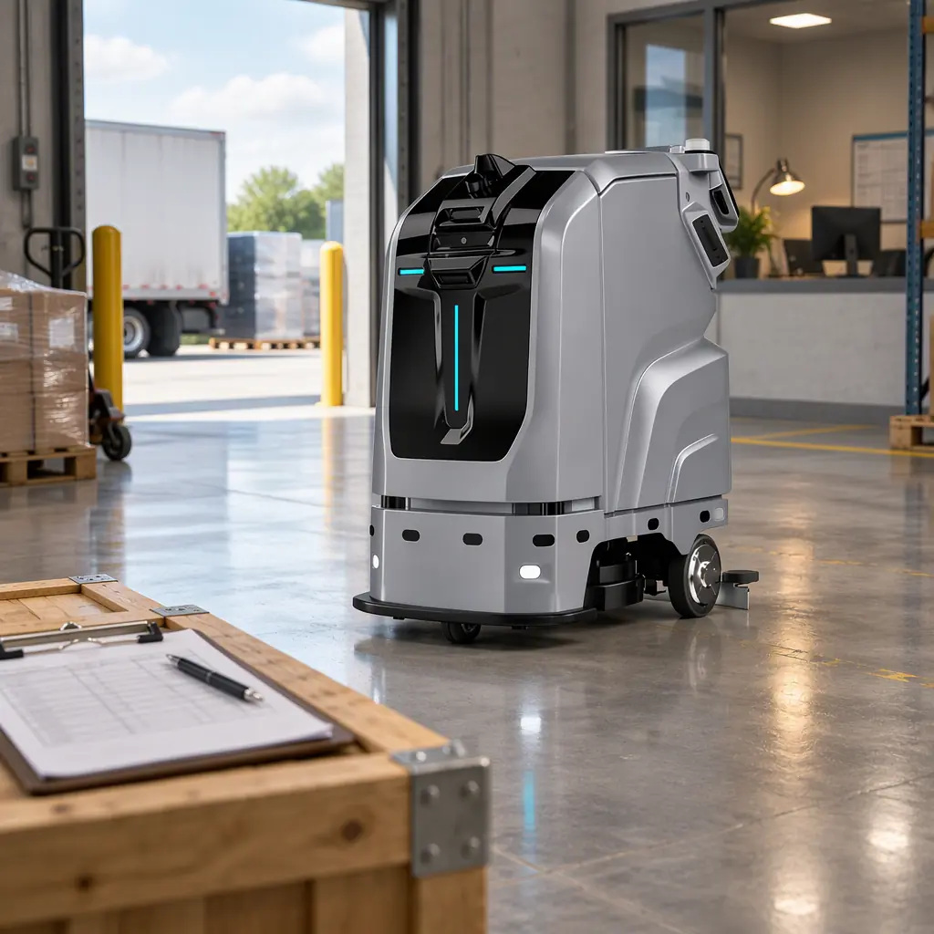 Photorealistic photograph of a facilities manager reviewing a robot asset register and finance ledger on a desk beside a warehouse floor, no people faces and no text
