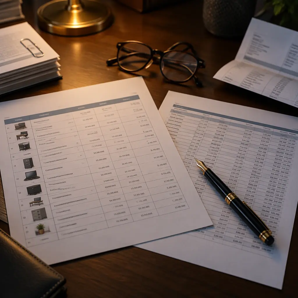 Photorealistic close-up of a printed asset register and finance ledger on a desk with a pen and reading glasses, no people faces and no text