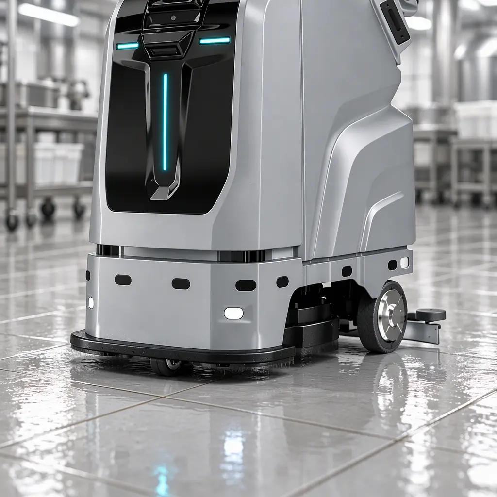 Photorealistic close-up of a robot cleaning deck and brush head on a food production floor, no people faces, no text