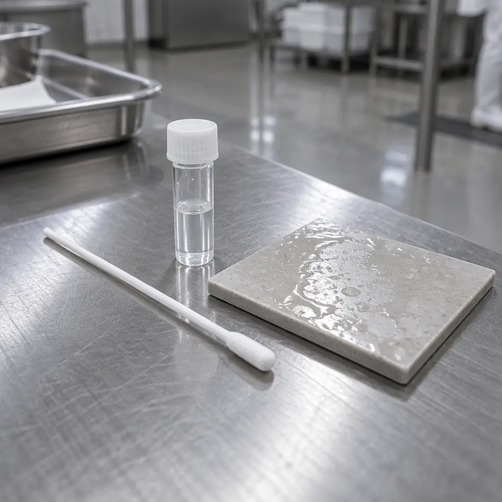 Swab stick and sample vial on a stainless-steel food production table, hygiene verification still-life