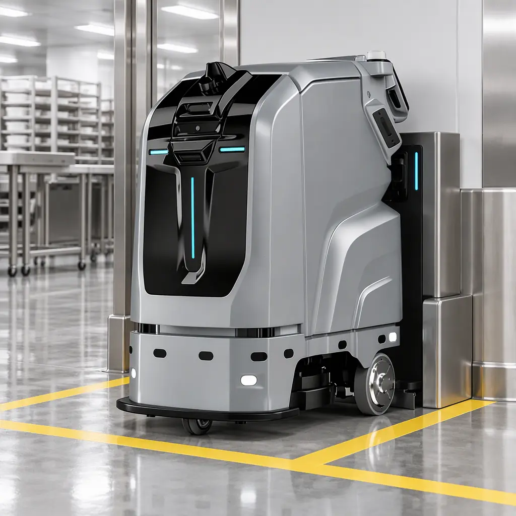 Service robot parked in a dedicated charging bay at the edge of a food production area