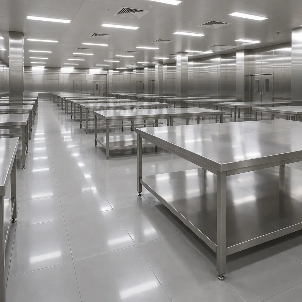 Empty modern food production hall with stainless-steel work benches and hygienic floor tiles