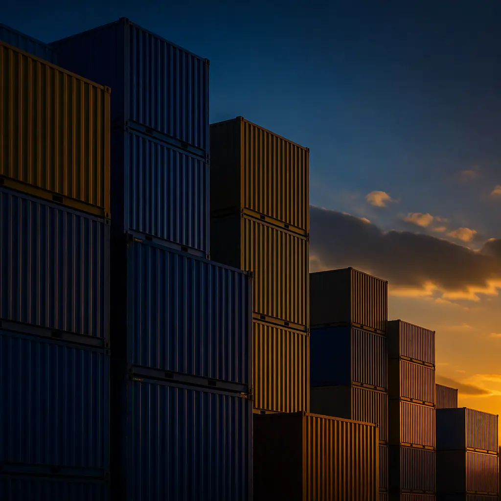Container terminal with stacked shipping containers at dusk, golden light, abstract, no robots, no people, no text, no logos