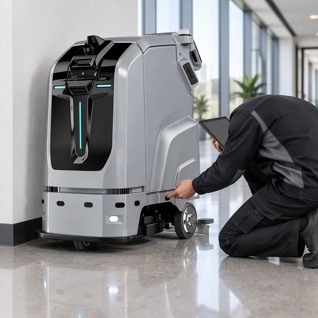 Photorealistic photograph of an AOMAN cleaning robot paused beside a wall in a bright office corridor while a technician kneels to inspect its sensor housing with a tablet, no people faces and no text