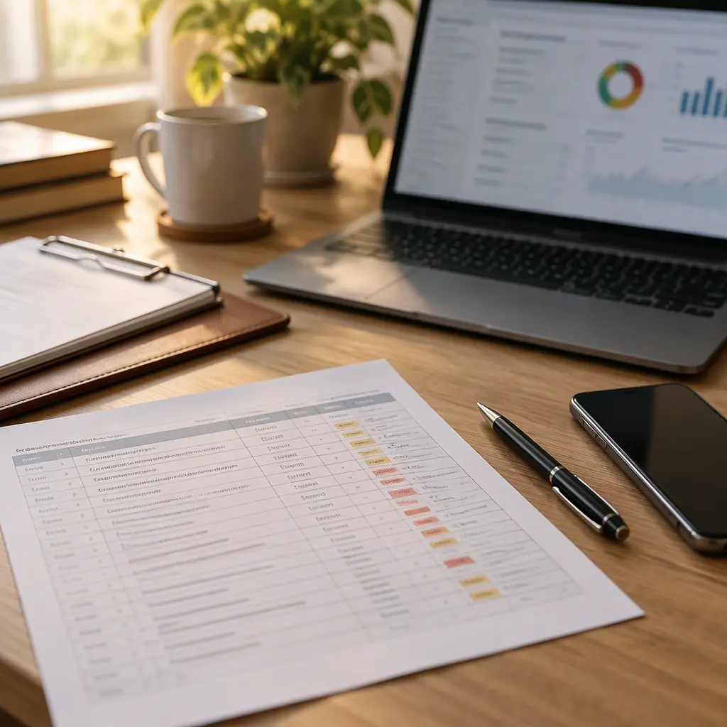 Photorealistic photograph of a printed incident log sheet and a clipboard on a light-wood desk with a laptop and pen, warm office lighting, no people faces and no text