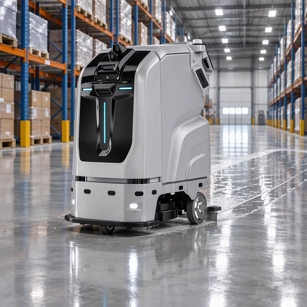 Large-format autonomous floor scrubber working a wide epoxy industrial hall floor between racking legs under high-bay lighting, no people and no text