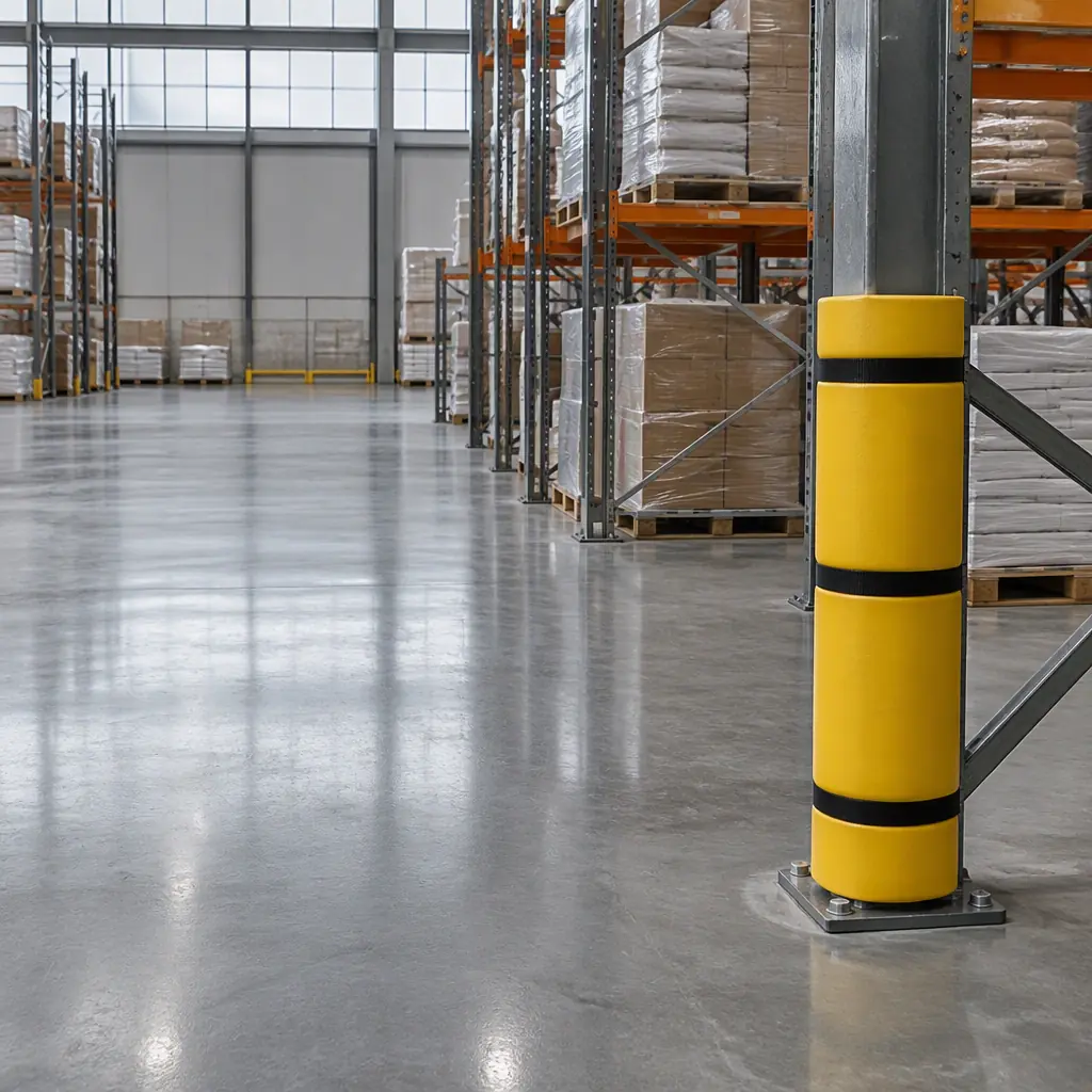 Photorealistic view of a wide industrial warehouse floor with epoxy coating, pallet racking legs and a soft-touch safety bumper on a scaffold column, overcast light through high-bay windows, no people and no robots and no text