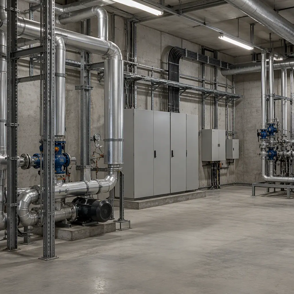 Photorealistic wide photograph of an empty industrial plant room with exposed pipework, electrical cabinets and cable trays along a concrete wall, neutral overhead lighting, no people and no text