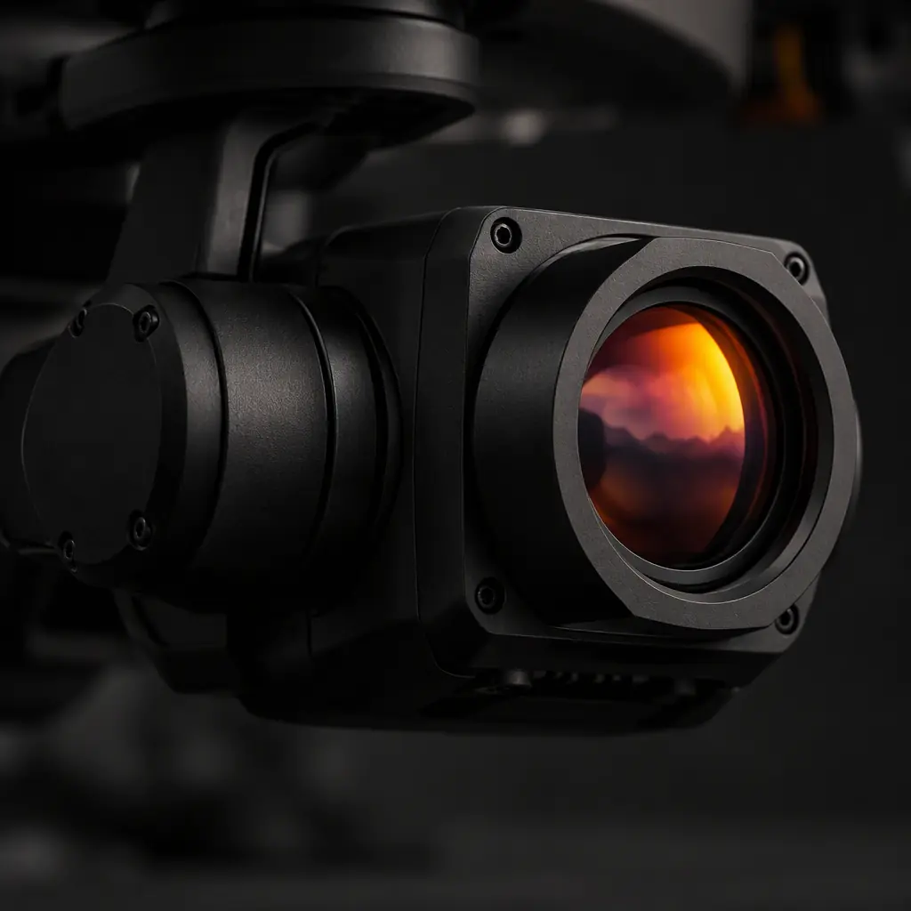 Photorealistic close-up of a thermal imaging camera module and lens on a matte black gimbal housing, subtle heat shimmer suggested by soft orange reflections, shallow depth of field, no people and no text