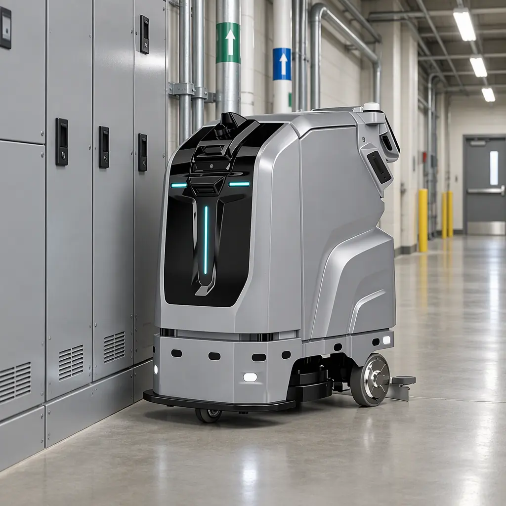 Photorealistic wide photograph of a facility service corridor with electrical distribution cabinets and labelled pipework running along the wall, clean concrete floor, even fluorescent lighting, no people and no text