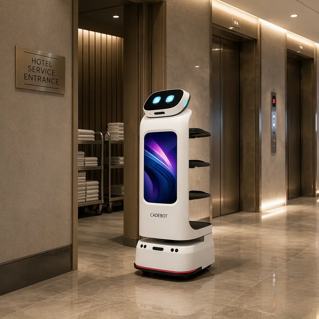 CADEBOT L100 delivery robot being commissioned at a hotel service entrance, photorealistic
