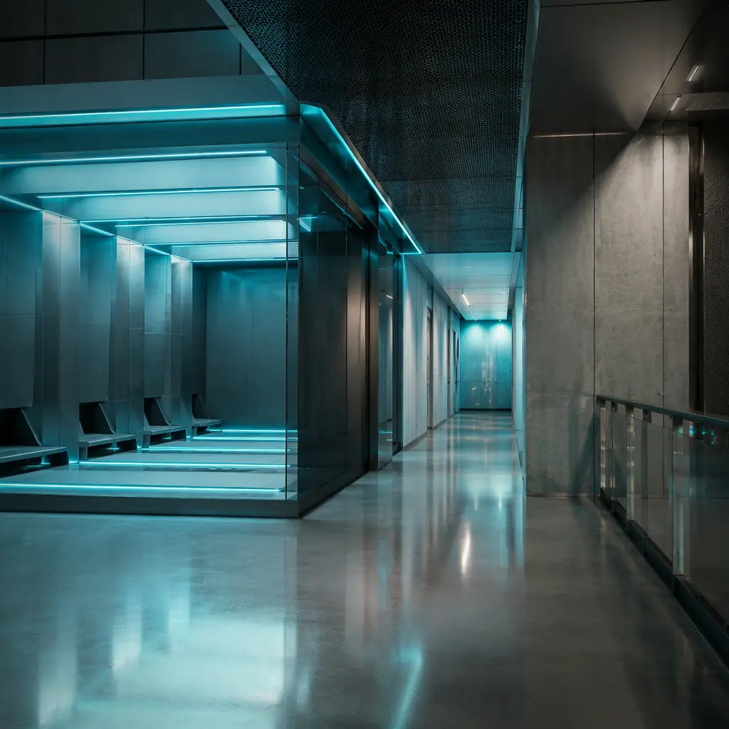 Abstract view of a robot charging dock bay and service corridor with cable trays, photorealistic, no robots, no machines