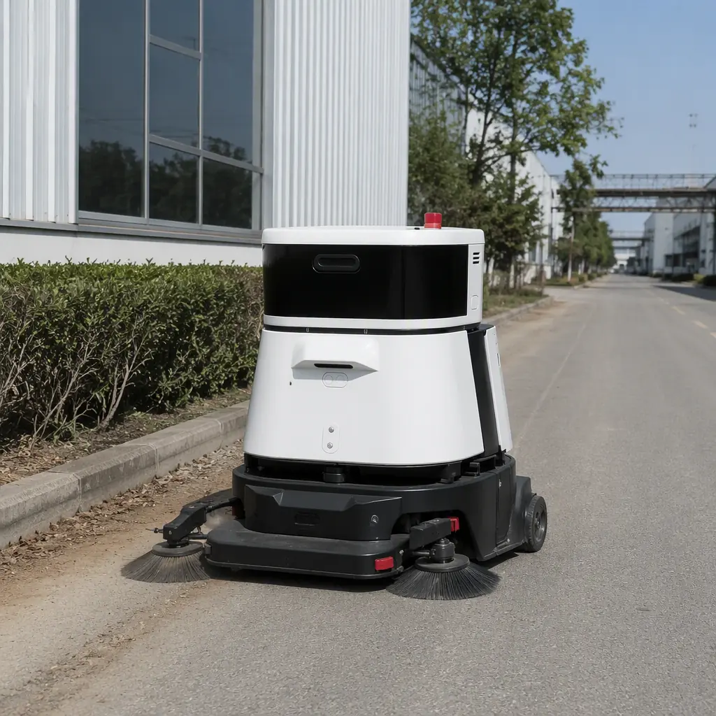 CLEINBOT CC201 outdoor sweeper on a facility access road during commissioning, photorealistic