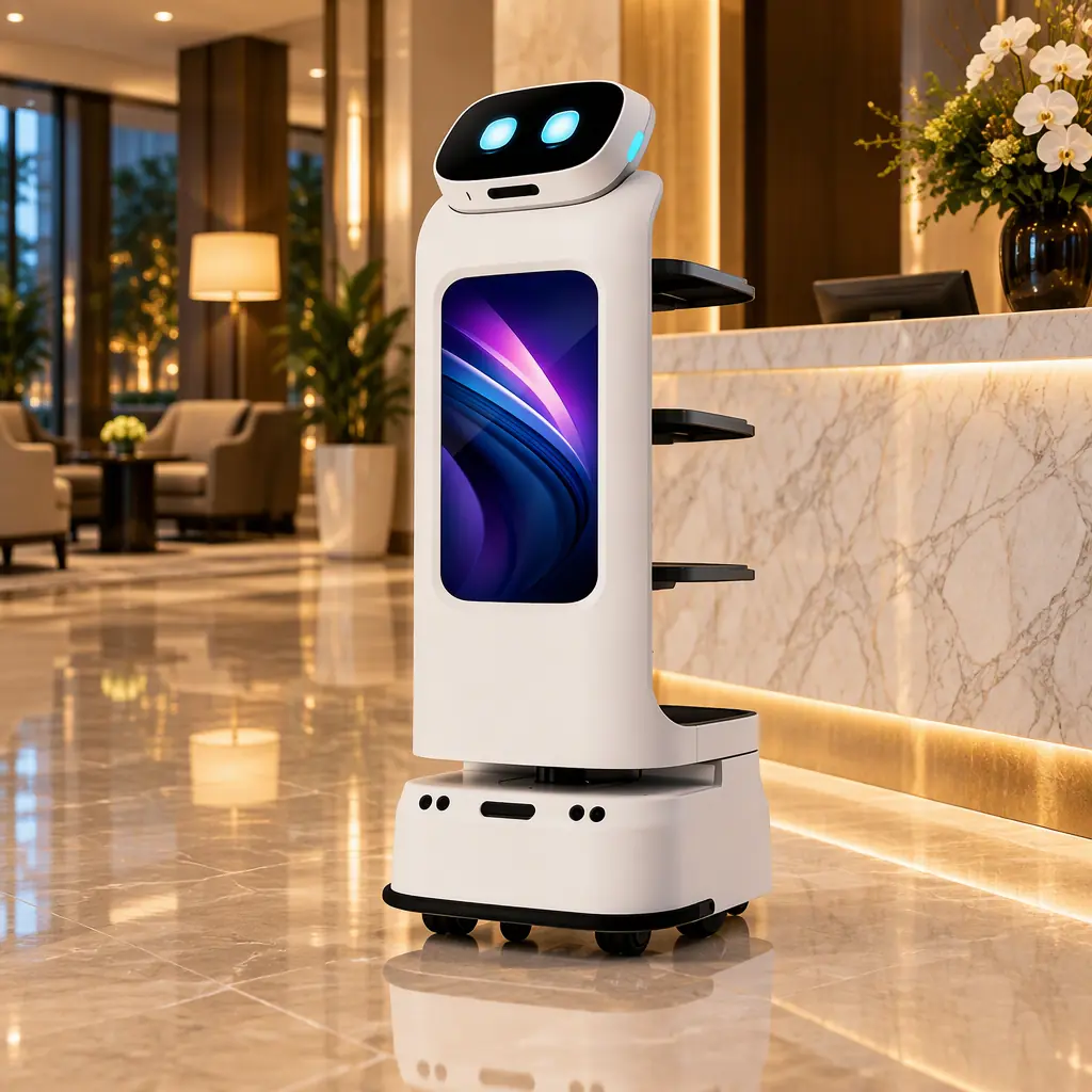 A single AOMAN D1 delivery robot standing beside the marble reception desk of a hotel lobby, three black trays on its right side, warm evening light