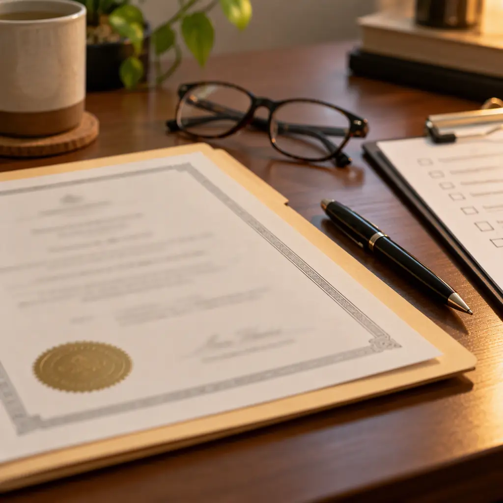 Photorealistic close-up of a printed insurance certificate and contract folder on a desk with a pen, no people faces, no text legible