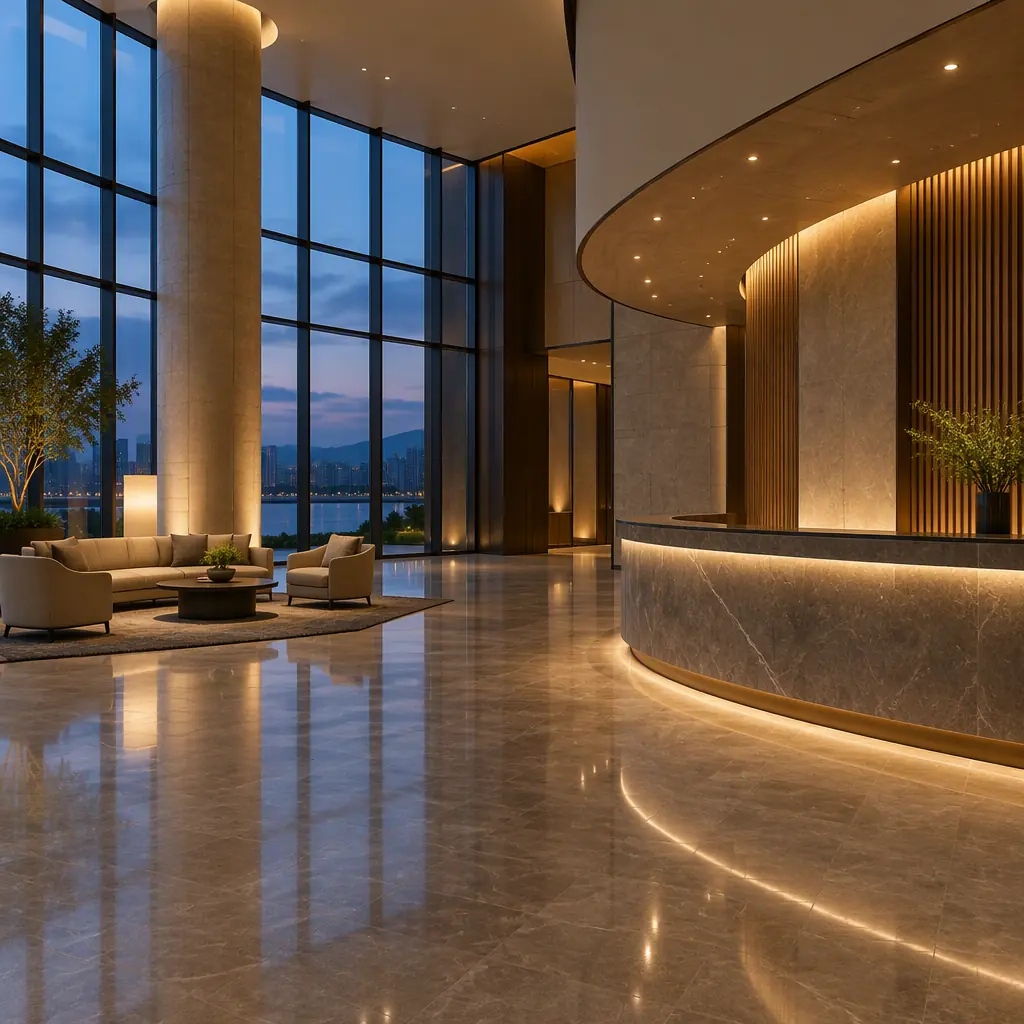 Photorealistic empty modern hotel lobby at dusk with polished floor and reception desk, no robots, no machines, no product renders, no people faces, no text