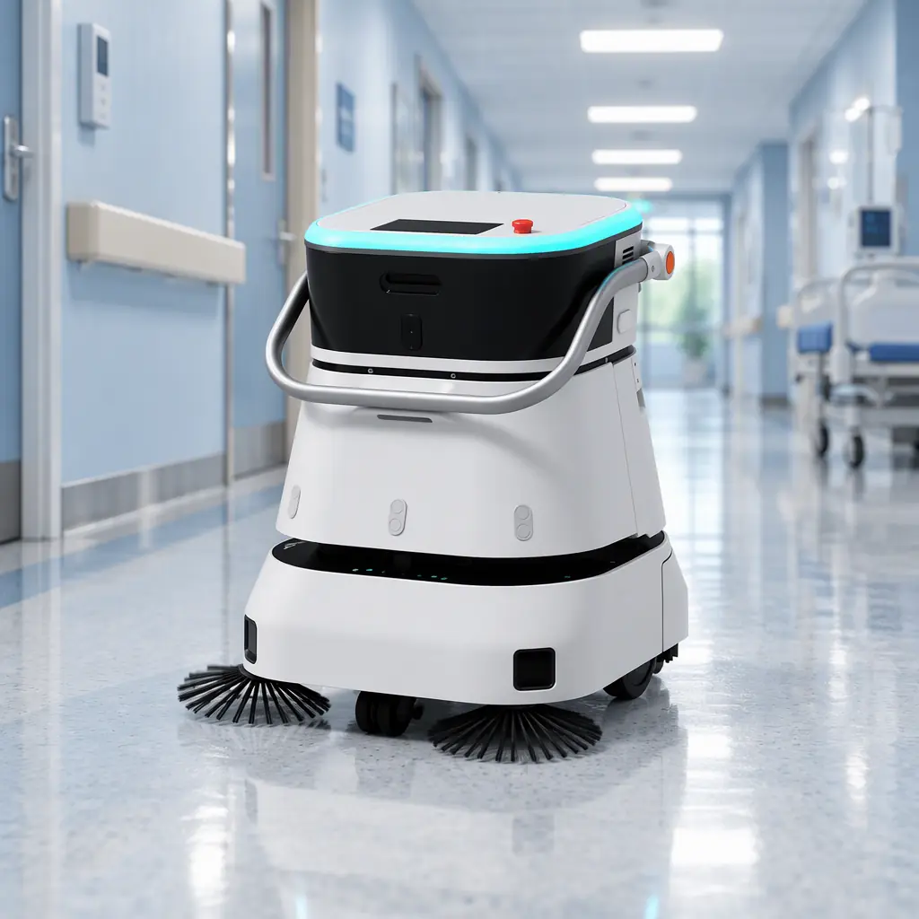 Photorealistic close-up of an AOMAN C2 Pro compact cleaning robot's front sensor panel and bumper in a hospital corridor, no people faces, no text