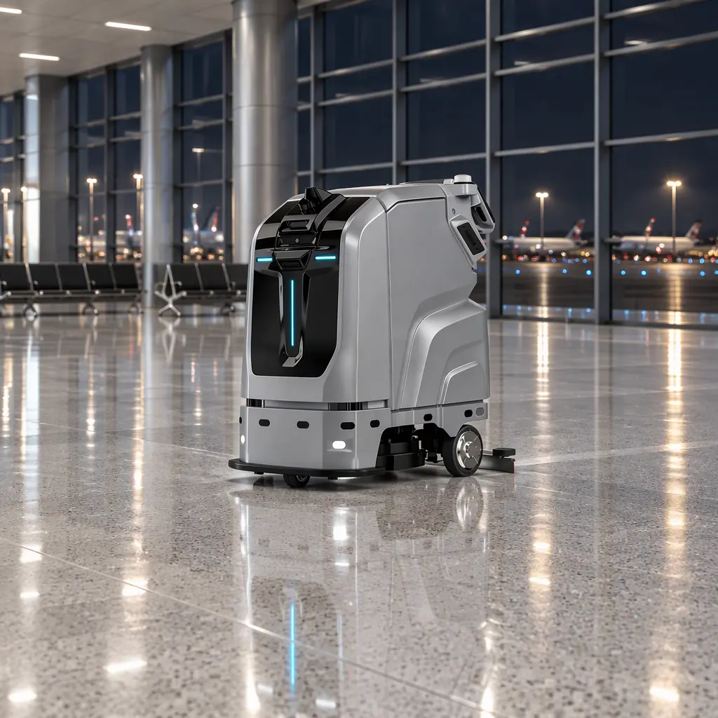 An AOMAN C1 scrubber working a large empty airport terminal concourse at night, polished terrazzo floor and distant runway lights