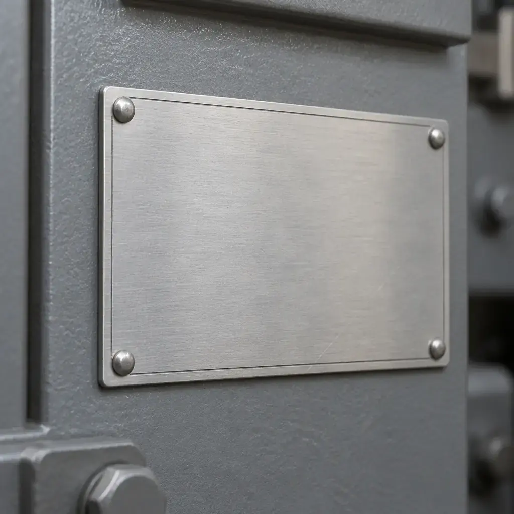 Blank stainless steel machine nameplate riveted to a grey industrial enclosure