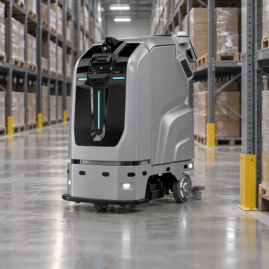 AOMAN C1 scrubber in a warehouse aisle with yellow safety bumpers on pallet racks