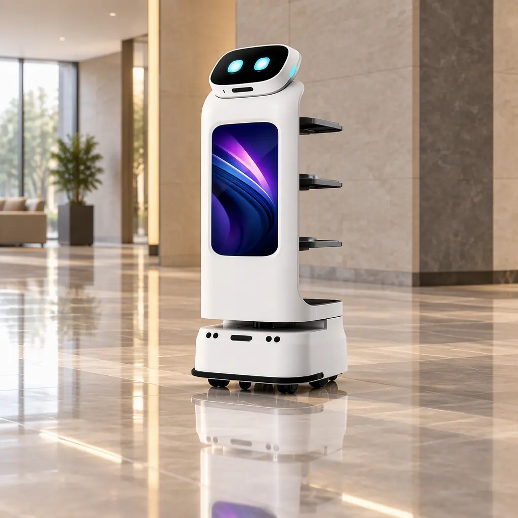 Autonomous delivery robot crossing an empty polished lobby floor with soft reflections, no people and no text, no people and no text