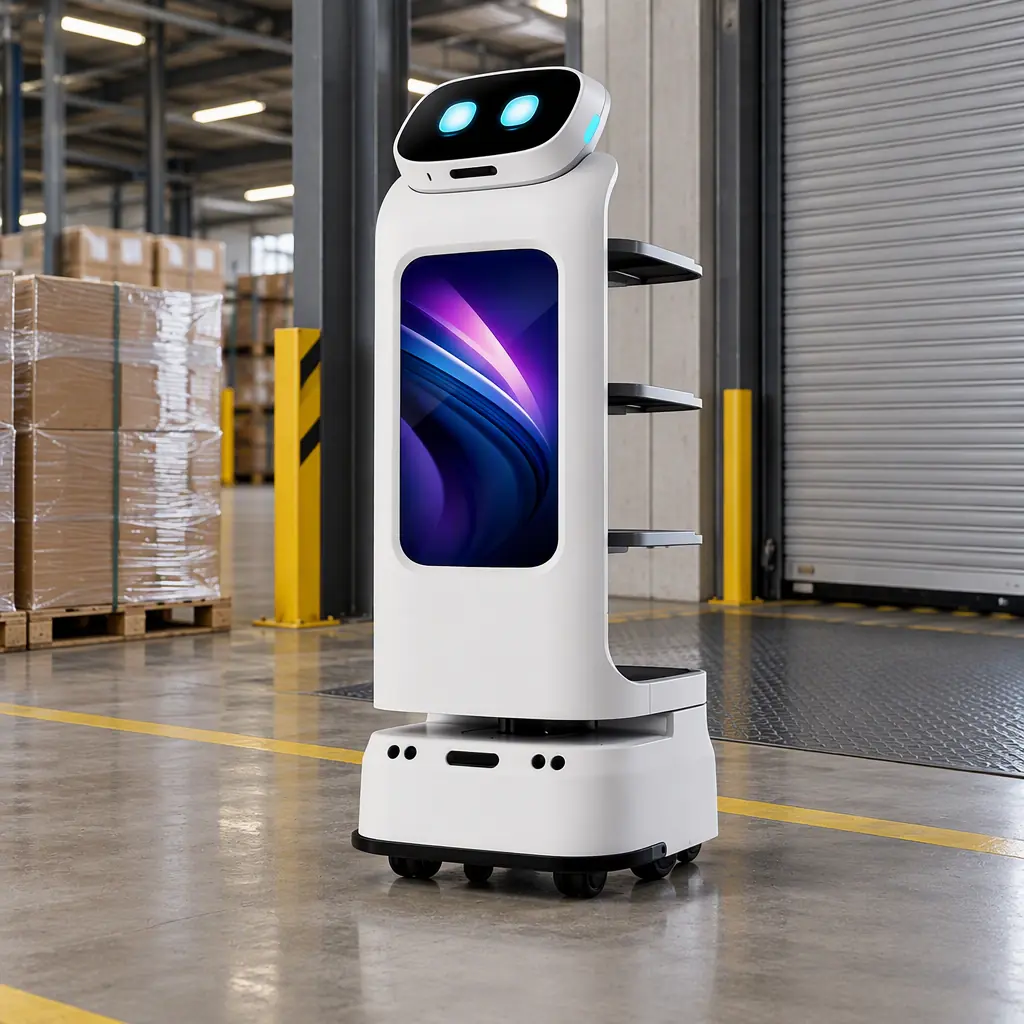 Autonomous delivery robot on a loading dock staging area beside stacked shipping cases in a warehouse, no people and no text