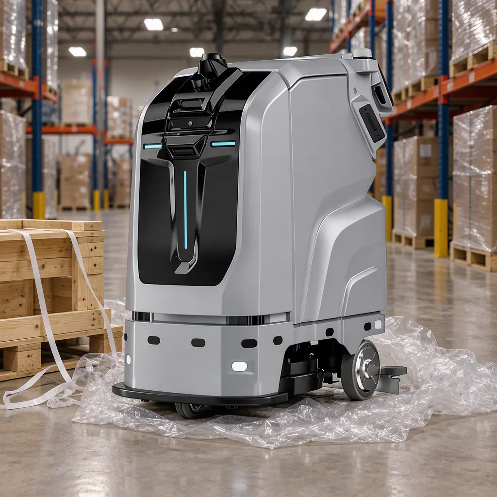 Photorealistic view of a crated industrial machine on a warehouse loading dock floor beside a dock door, pallets and shipping cases nearby, no people and no readable text