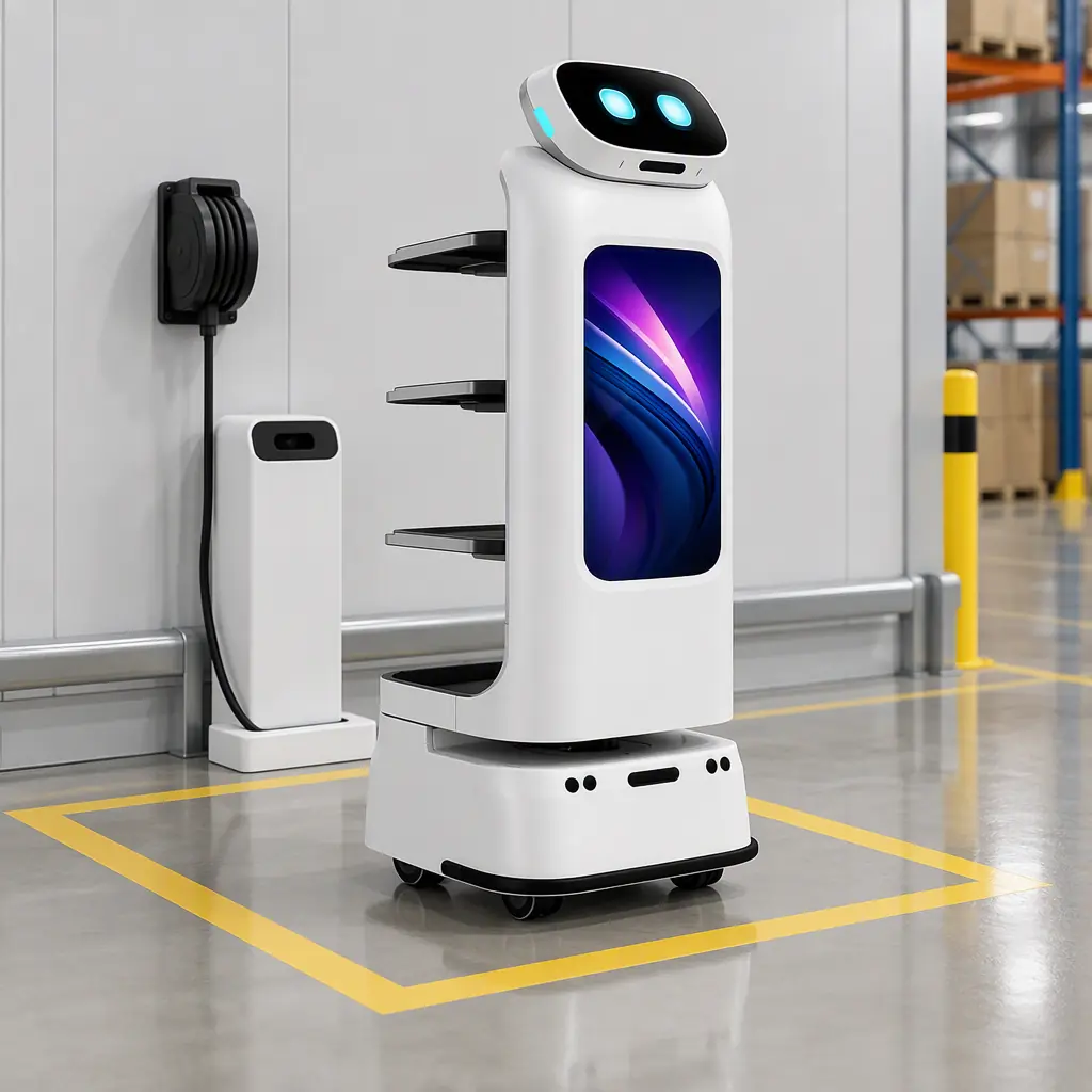 Photorealistic view of the same white delivery robot standing on a marked commissioning area of a warehouse floor with floor zone markings and a charging dock behind it, no people and no readable text