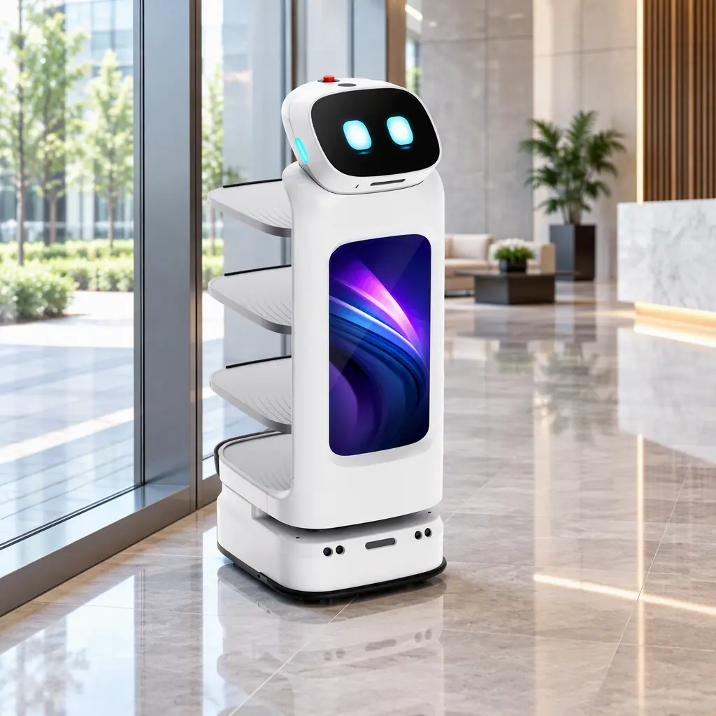 Autonomous delivery robot parked in a corporate lobby beside a glass wall, clean corporate interior, no people and no text