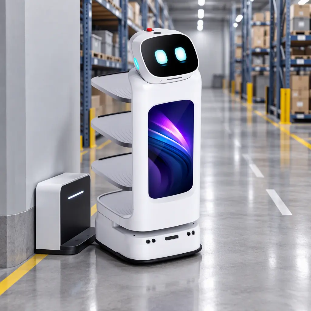 Autonomous service robot docked at a charging station in a modern warehouse aisle, racking in the background, no people and no text