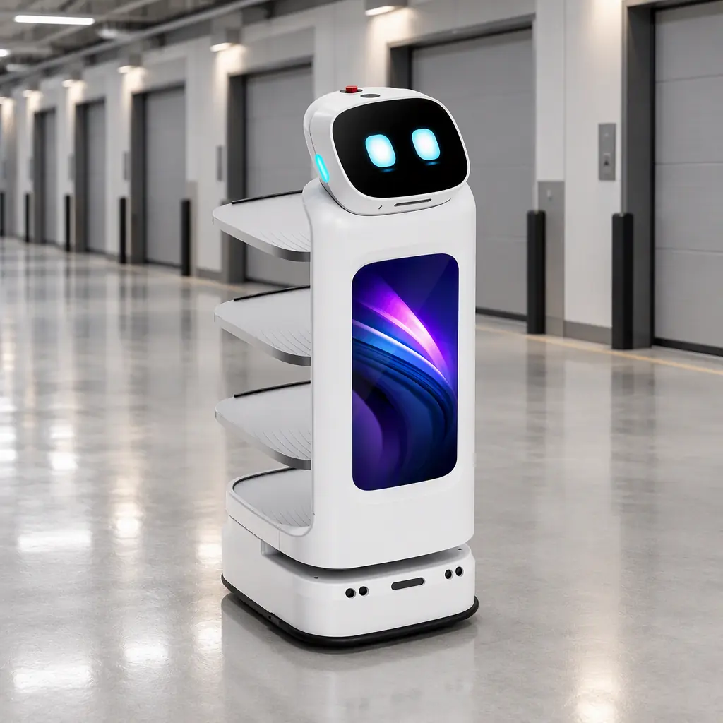Fleet of autonomous service robots parked in a row at a corporate campus service bay, clean industrial interior, no people and no text