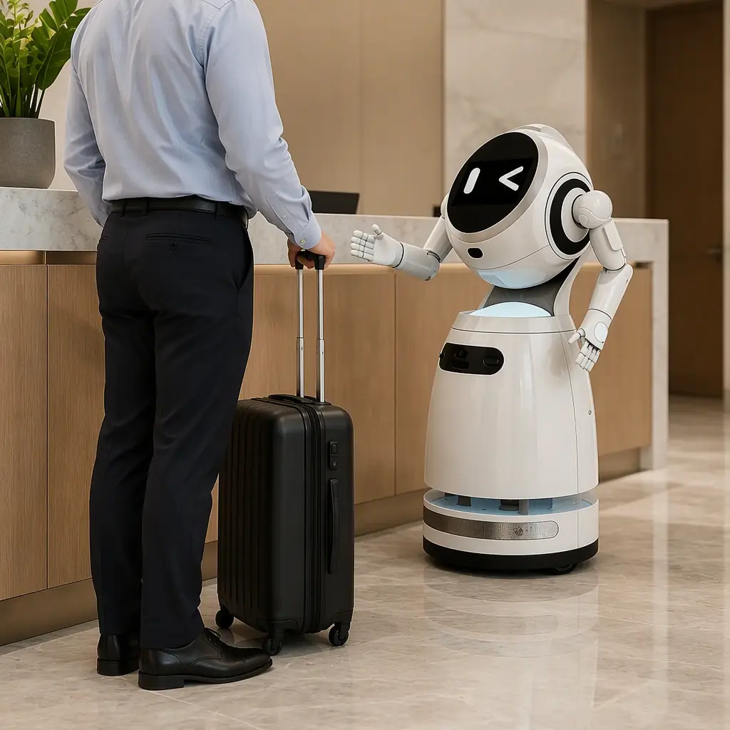 CRUZR humanoid reception robot greeting a visitor in a corporate lobby, photorealistic