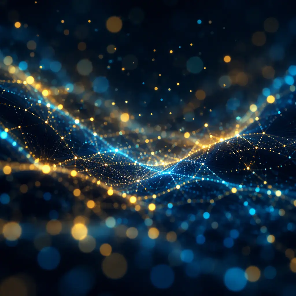 Abstract sound-wave visualization with soft gold and cyan light trails over a dark navy surface, no text, no robots, no logos