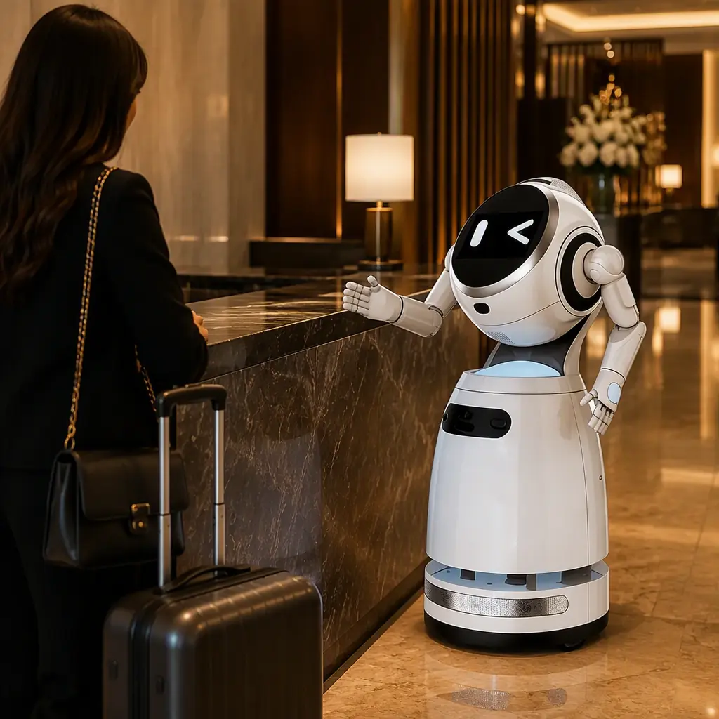 CRUZR humanoid reception robot interacting with a guest at a luxury hotel reception desk, photorealistic