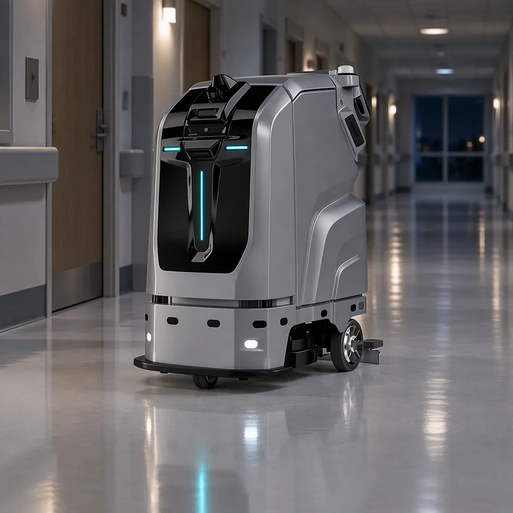 Autonomous floor-scrubbing robot working a quiet hospital corridor at night, polished floor with soft reflections, no people and no text