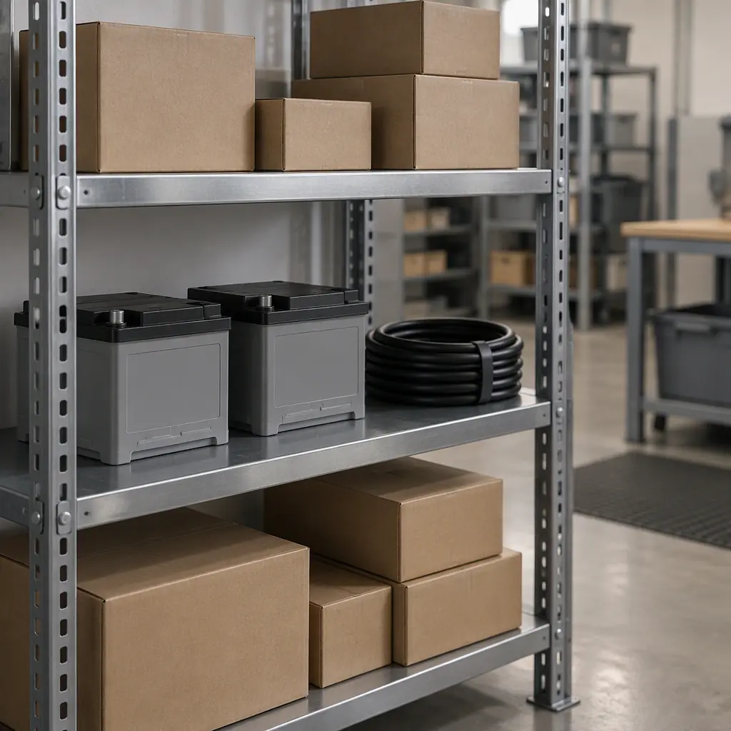 Photorealistic rack of labelled spare parts and battery packs in a service depot, no people faces, no text
