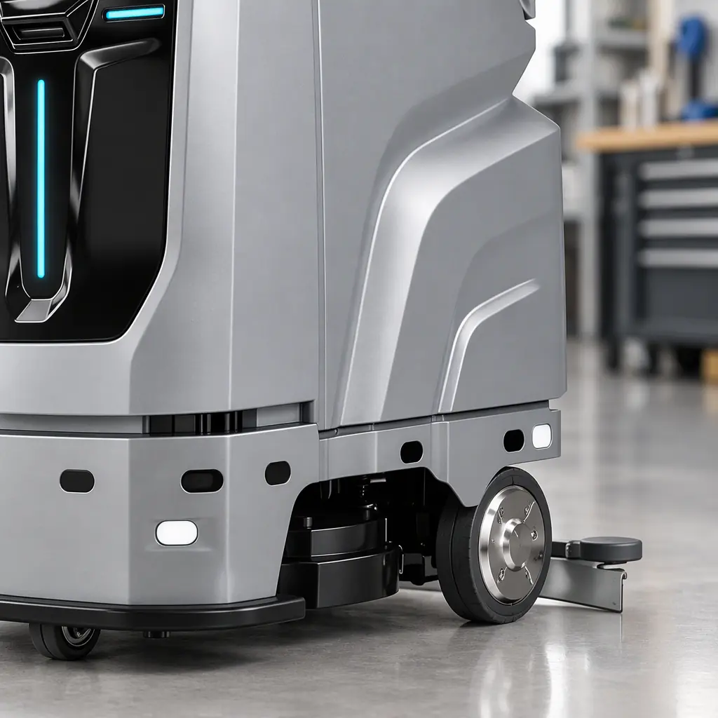 Close-up detail of a service robot side panel and drive wheel at a maintenance angle