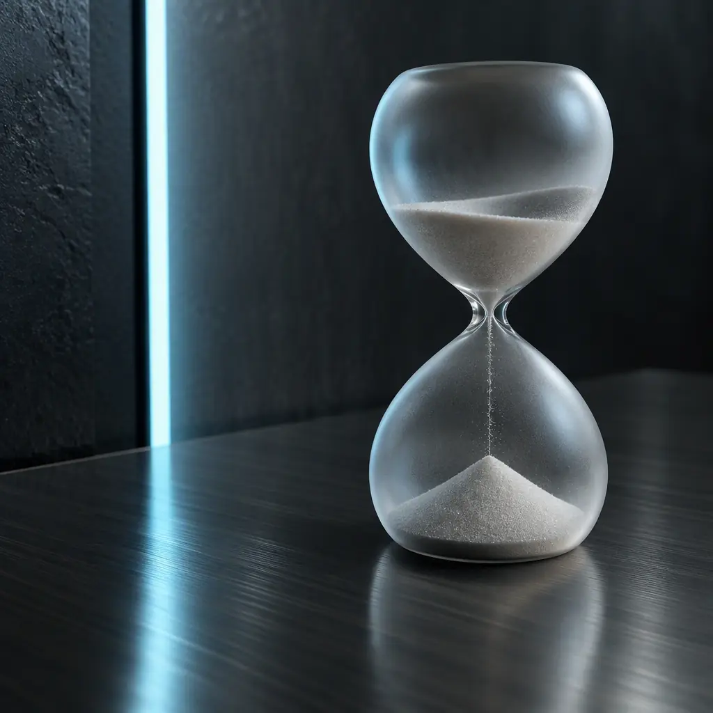 Frosted glass hourglass form beside a cyan light strip on dark brushed metal, abstract still-life