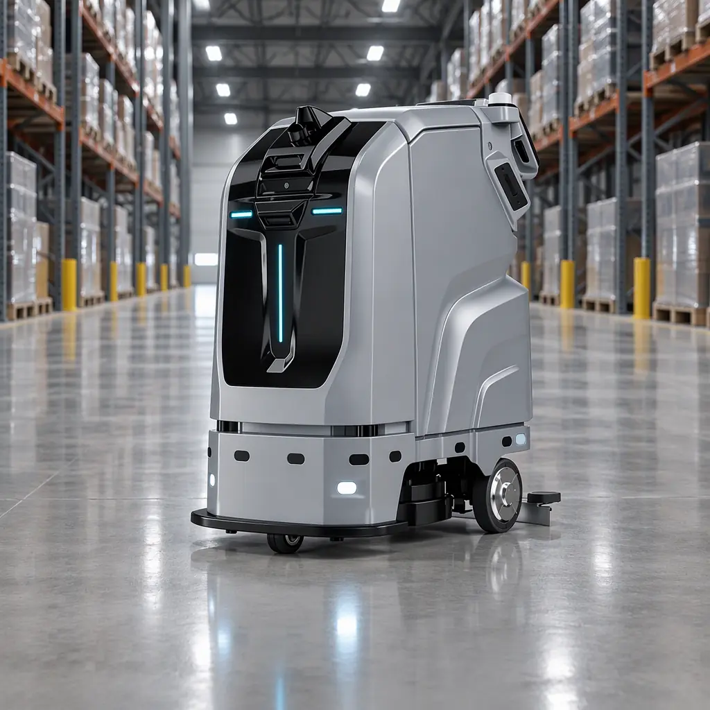 Service robot in a spacious empty warehouse aisle with high steel racking