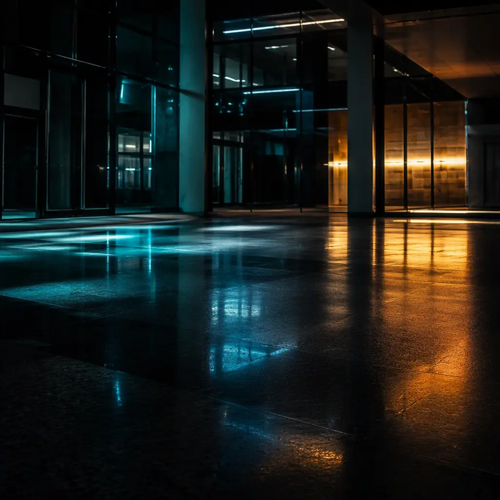 Abstract intersecting arcs of cyan and amber light sweeping across a vast dark plane, evoking building systems coordination and data flow in an empty architectural space