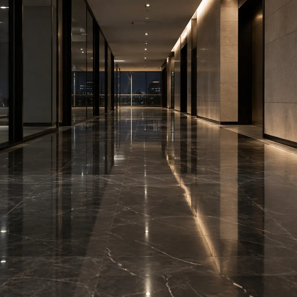 Photorealistic view of a white autonomous cleaning robot alone on a polished office floor during a quiet evaluation run, instrumented floor markings, no people and no text