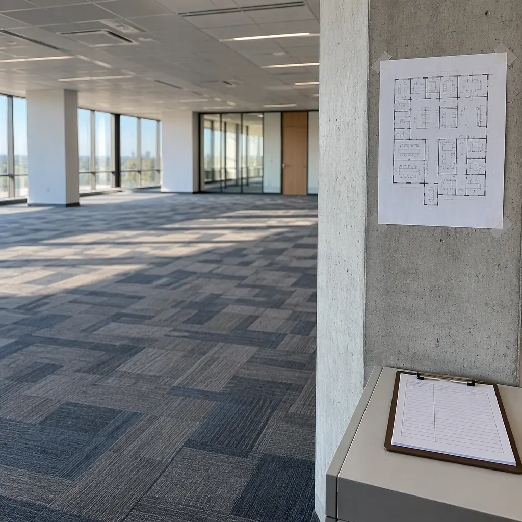 Photorealistic photograph of a bright empty office floor at the start of a shift with a printed floor plan taped to a pillar and a clipboard with a daily log resting on a ledge, no people faces and no text