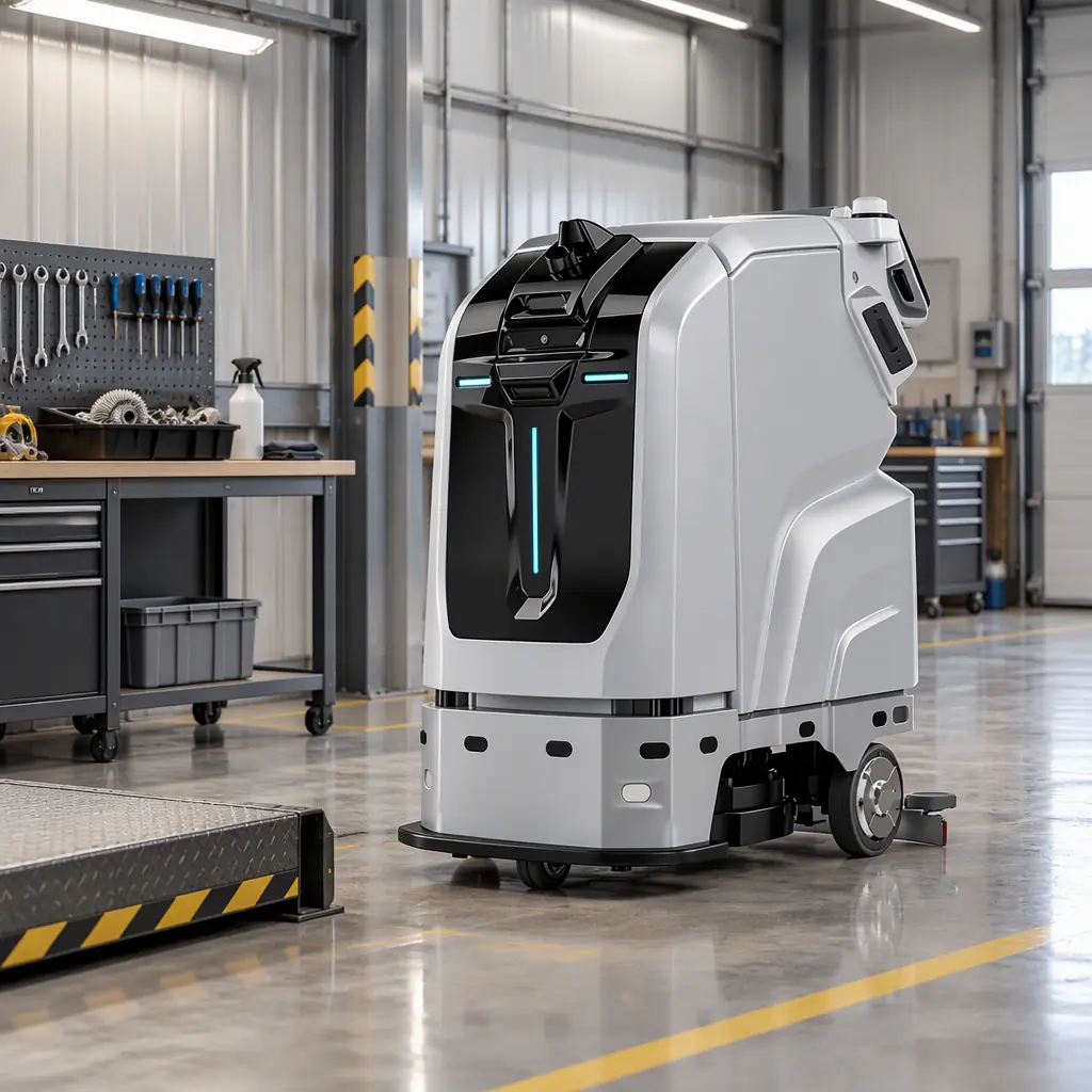 Photorealistic view of a white large-format autonomous scrubber robot in a maintenance bay beside a service platform with tools, no people and no text