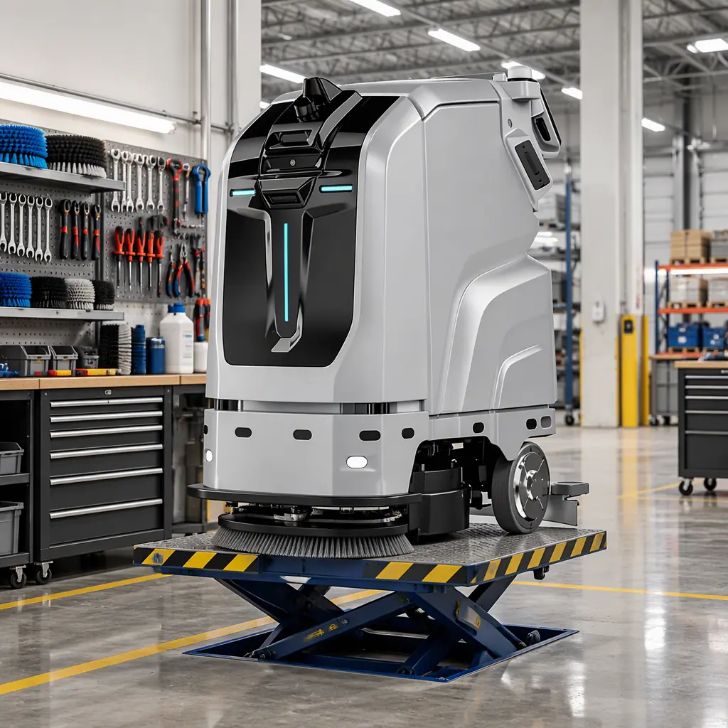 Photorealistic wide photograph of a service robot maintenance bay with a robot on a lift platform, tools organised on a wall rack, industrial lighting, no people and no text