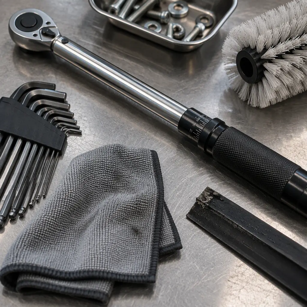 Photorealistic macro photograph of robot maintenance tools laid out on a stainless steel workbench beside a worn squeegee blade and brush assembly, no people and no text